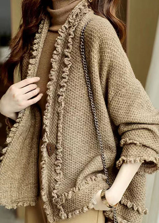 Italian Camel V Neck Ruffled Patchwork Knit Cardigans Fall Wn028