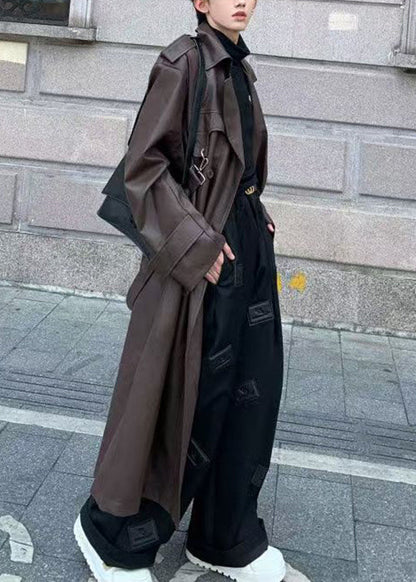 Italian Chocolate Button Tie Waist Faux Leather Long Trench Coat Spring Rn023