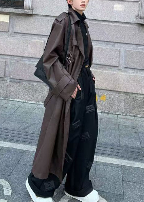 Italian Chocolate Button Tie Waist Faux Leather Long Trench Coat Spring Rn023