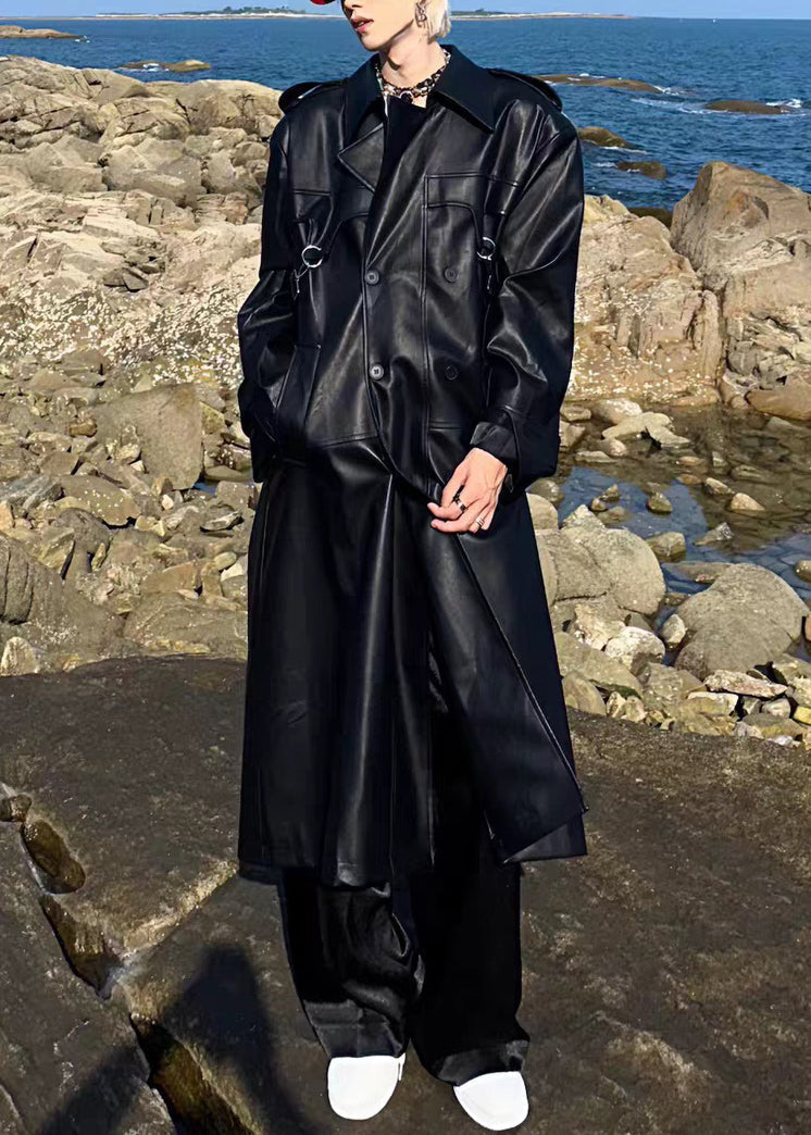 Italian Chocolate Button Tie Waist Faux Leather Long Trench Coat Spring Rn023