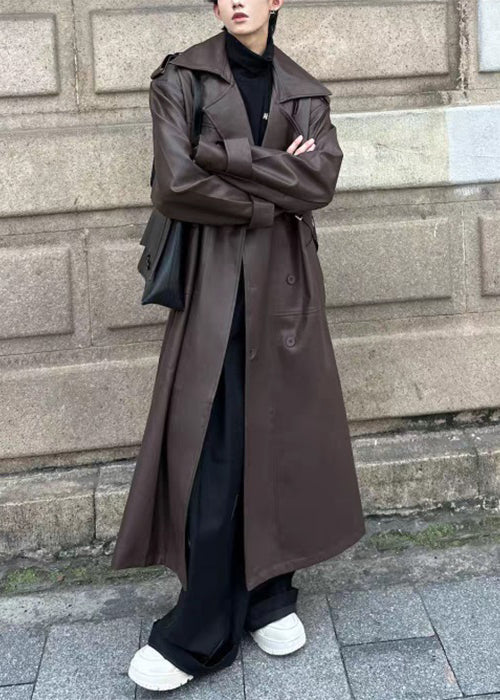 Italian Chocolate Button Tie Waist Faux Leather Long Trench Coat Spring Rn023