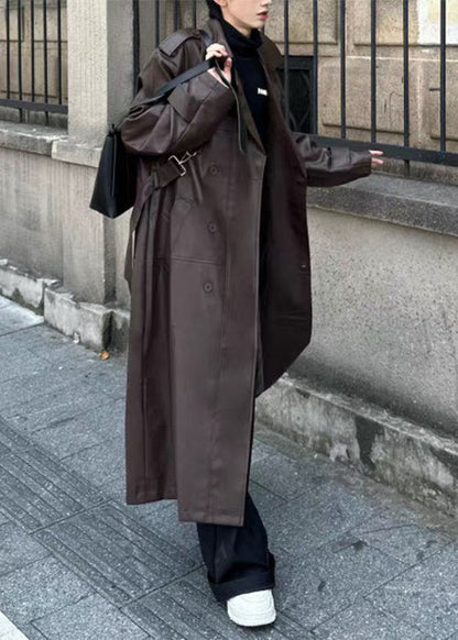 Italian Chocolate Button Tie Waist Faux Leather Long Trench Coat Spring Rn023