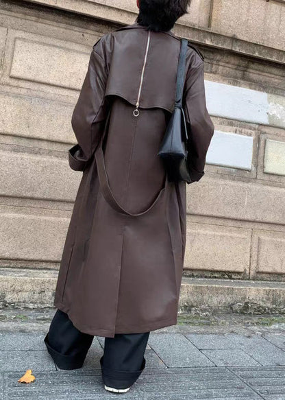 Italian Chocolate Button Tie Waist Faux Leather Long Trench Coat Spring Rn023