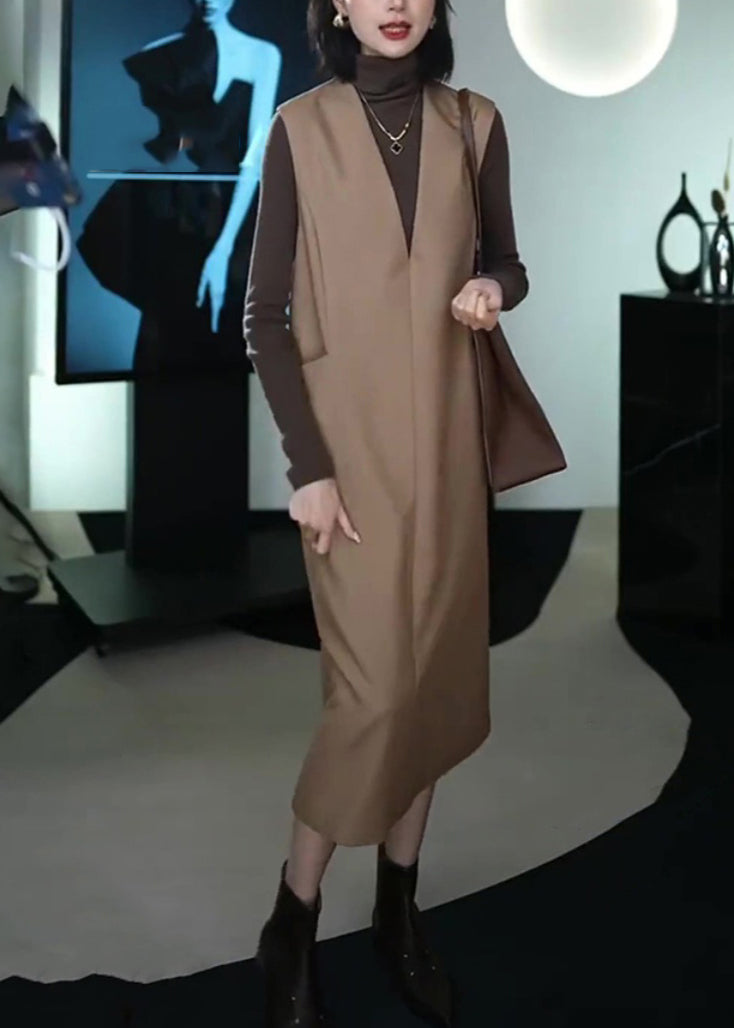 Italian Coffee Patchwork Warm Fleece Long Waistcoat and Dress Two Piece Set Winter Rf037