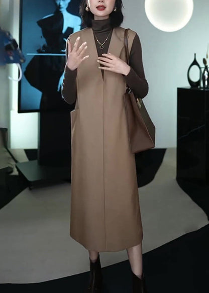 Italian Coffee Patchwork Warm Fleece Long Waistcoat and Dress Two Piece Set Winter Rf037