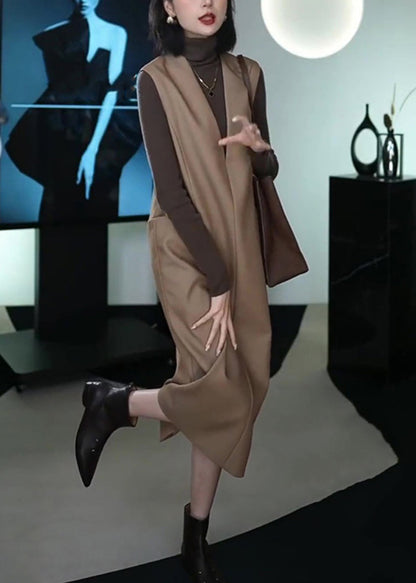 Italian Coffee Patchwork Warm Fleece Long Waistcoat and Dress Two Piece Set Winter Rf037