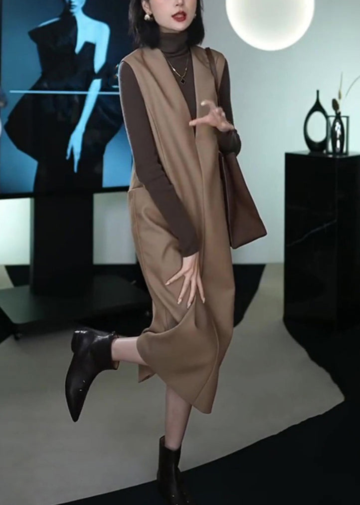 Italian Coffee Patchwork Warm Fleece Long Waistcoat and Dress Two Piece Set Winter Rf037