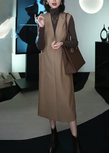 Italian Coffee Patchwork Warm Fleece Long Waistcoat and Dress Two Piece Set Winter Rf037