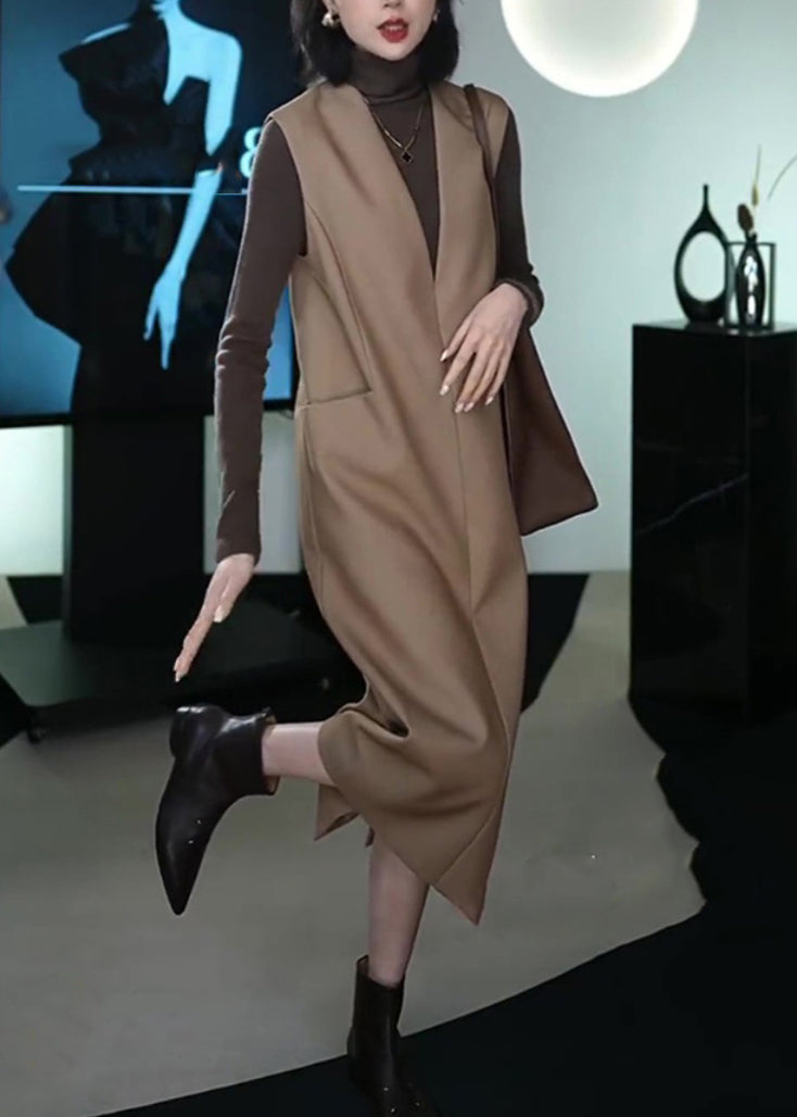 Italian Coffee Patchwork Warm Fleece Long Waistcoat and Dress Two Piece Set Winter Rf037