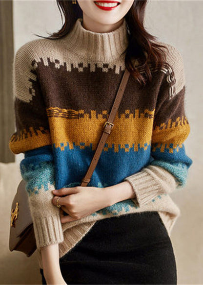 Italian Colorblock Hign Neck Thick Cozy Knit Sweater Spring Yy040