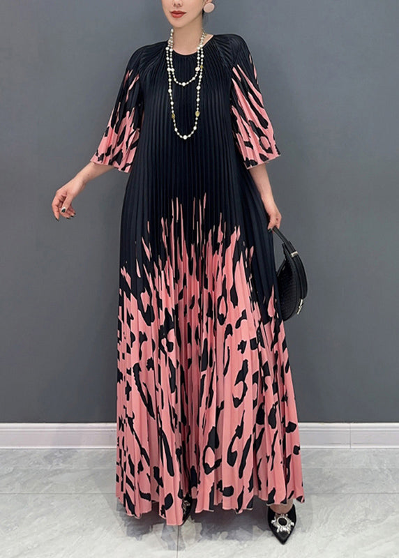 Italian Colorblock O-neck Cinched Print Long Dresses Bracelet Sleeve Uu1015