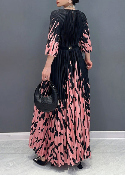 Italian Colorblock O-neck Cinched Print Long Dresses Bracelet Sleeve Uu1015