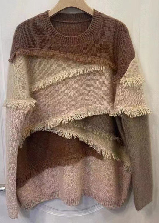 Italian Colorblock O Neck Tasseled Patchwork Knit Sweaters Top Fall Ql047