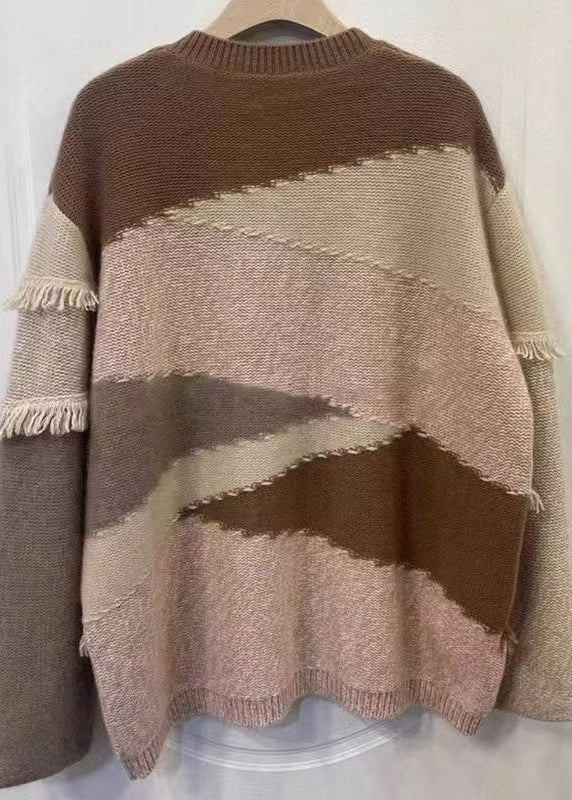 Italian Colorblock O Neck Tasseled Patchwork Knit Sweaters Top Fall Ql047