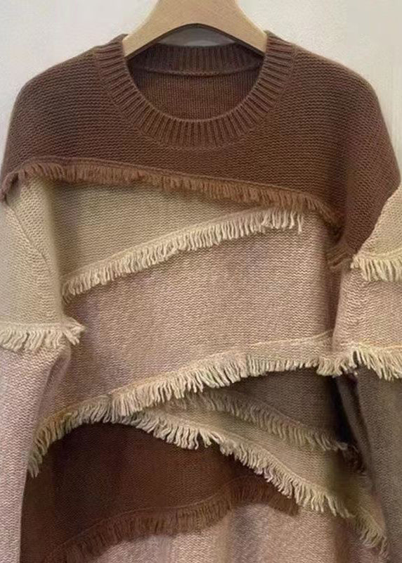 Italian Colorblock O Neck Tasseled Patchwork Knit Sweaters Top Fall Ql047