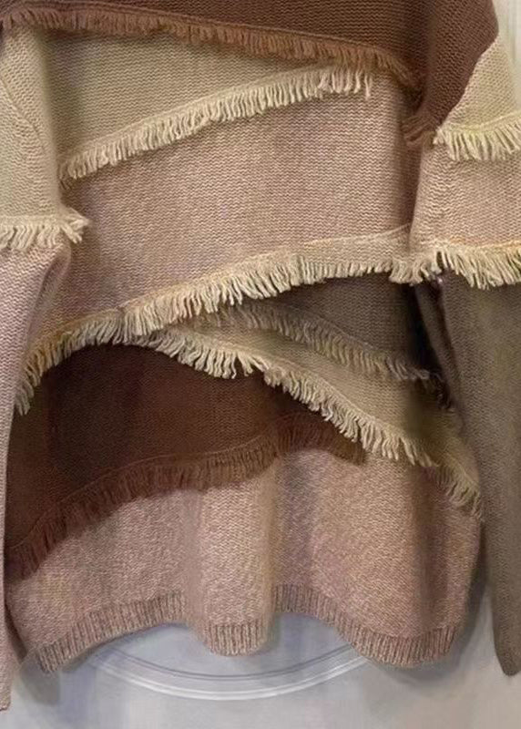 Italian Colorblock O Neck Tasseled Patchwork Knit Sweaters Top Fall Ql047