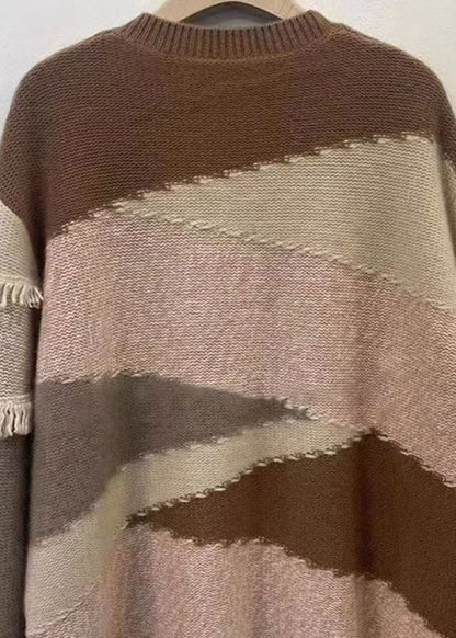 Italian Colorblock O Neck Tasseled Patchwork Knit Sweaters Top Fall Ql047
