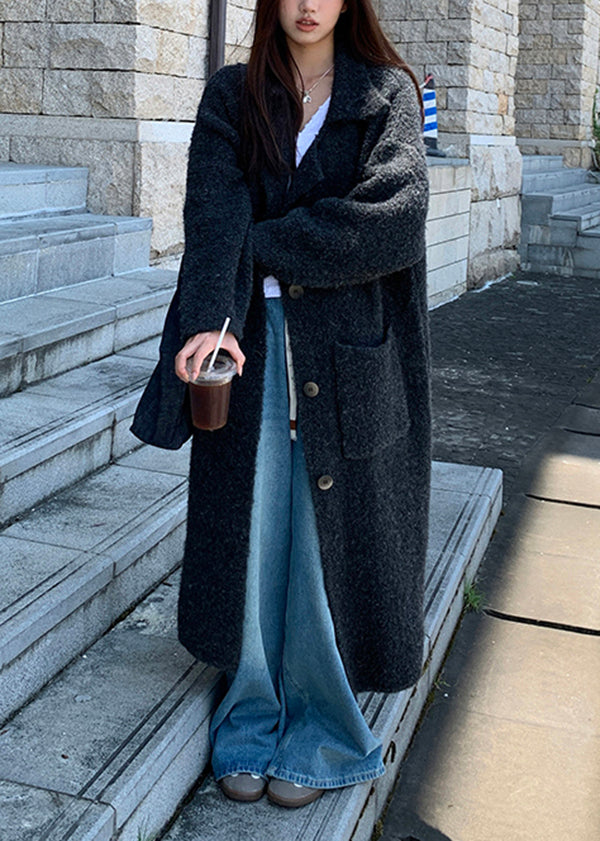 Italian Dark Grey Notched Pockets Woolen Coats Fall Ry011