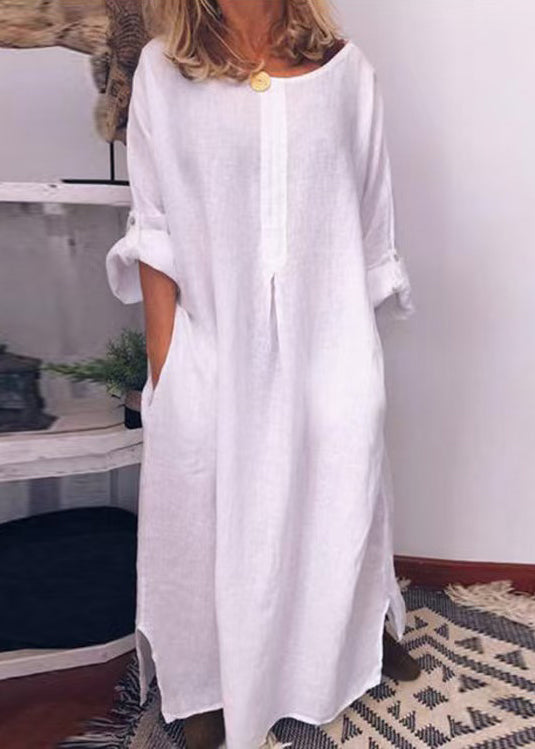 Italian Green O Neck Pockets Cotton Long Dress Fall Qr013