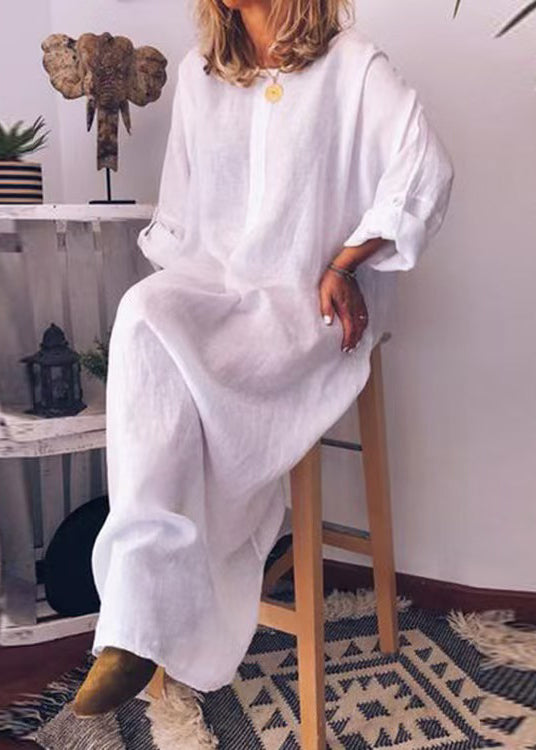 Italian Green O Neck Pockets Cotton Long Dress Fall Qr013