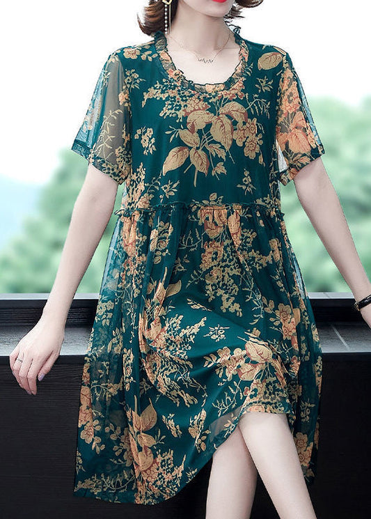 Italian Green O-neck Print Holiday Long Dress Summer Ly1781
