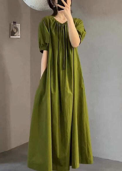 Italian Green O Neck Wrinkled Cotton Long Dress Summer Ee1013