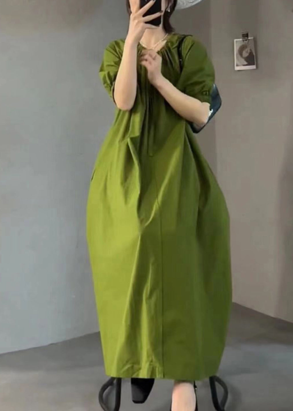 Italian Green O Neck Wrinkled Cotton Long Dress Summer Ee1013