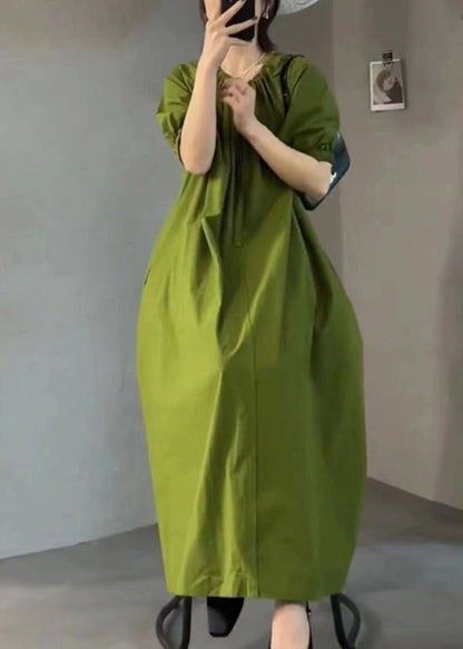 Italian Green O Neck Wrinkled Cotton Long Dress Summer Ee1013