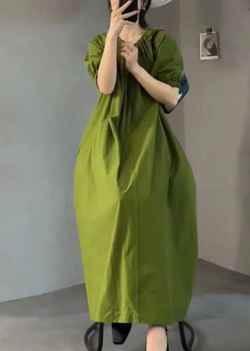 Italian Green O Neck Wrinkled Cotton Long Dress Summer Ee1013