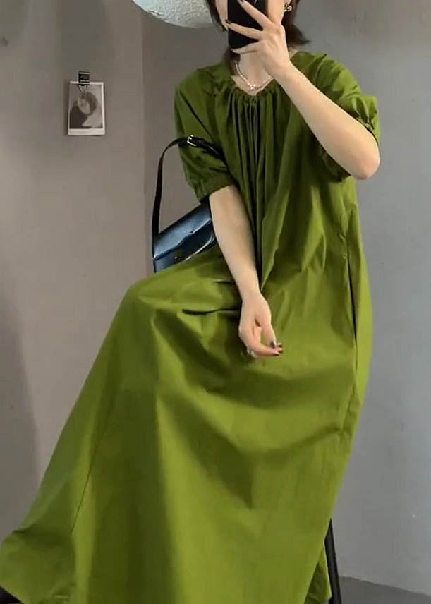 Italian Green O Neck Wrinkled Cotton Long Dress Summer Ee1013