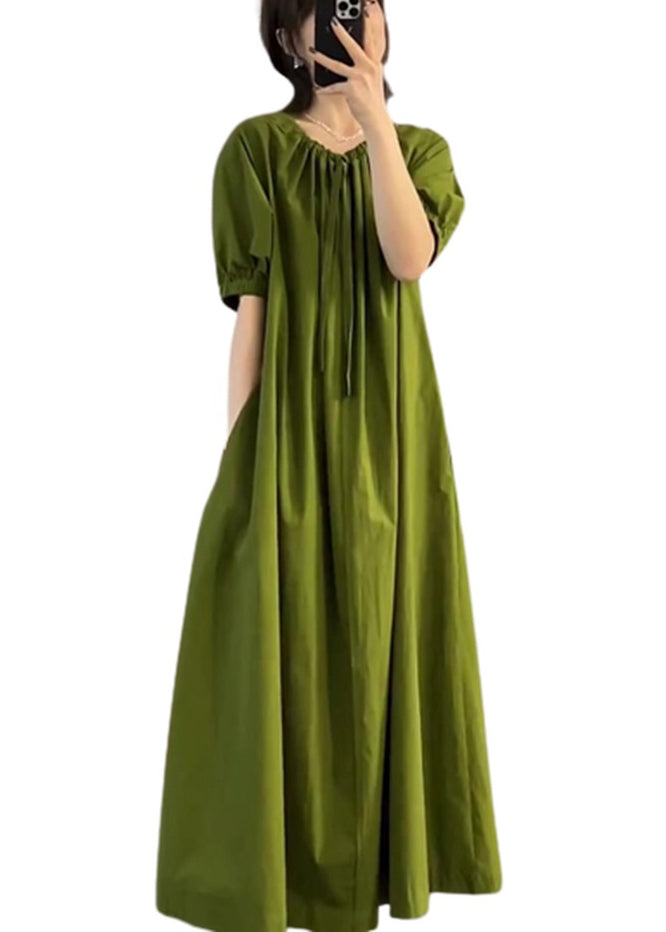 Italian Green O Neck Wrinkled Cotton Long Dress Summer Ee1013