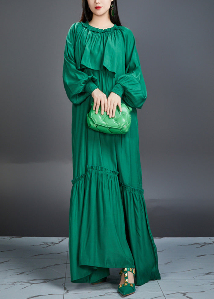 Italian Green Ruffled Pockets Tie Waist Cotton Maxi Dress Fall Aj1028