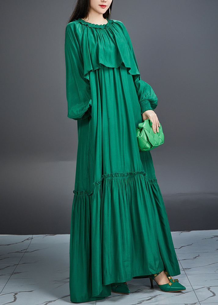 Italian Green Ruffled Pockets Tie Waist Cotton Maxi Dress Fall Aj1028