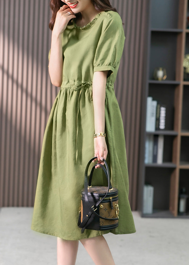 Italian Green Ruffled Linen Long Dresses Summer Ly1751