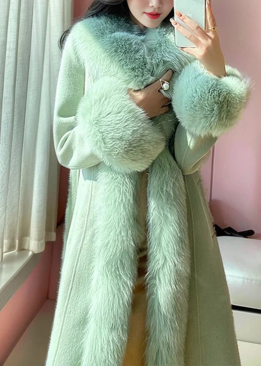 Italian Green Tie Waist Woolen Long Coats Winter Rd015