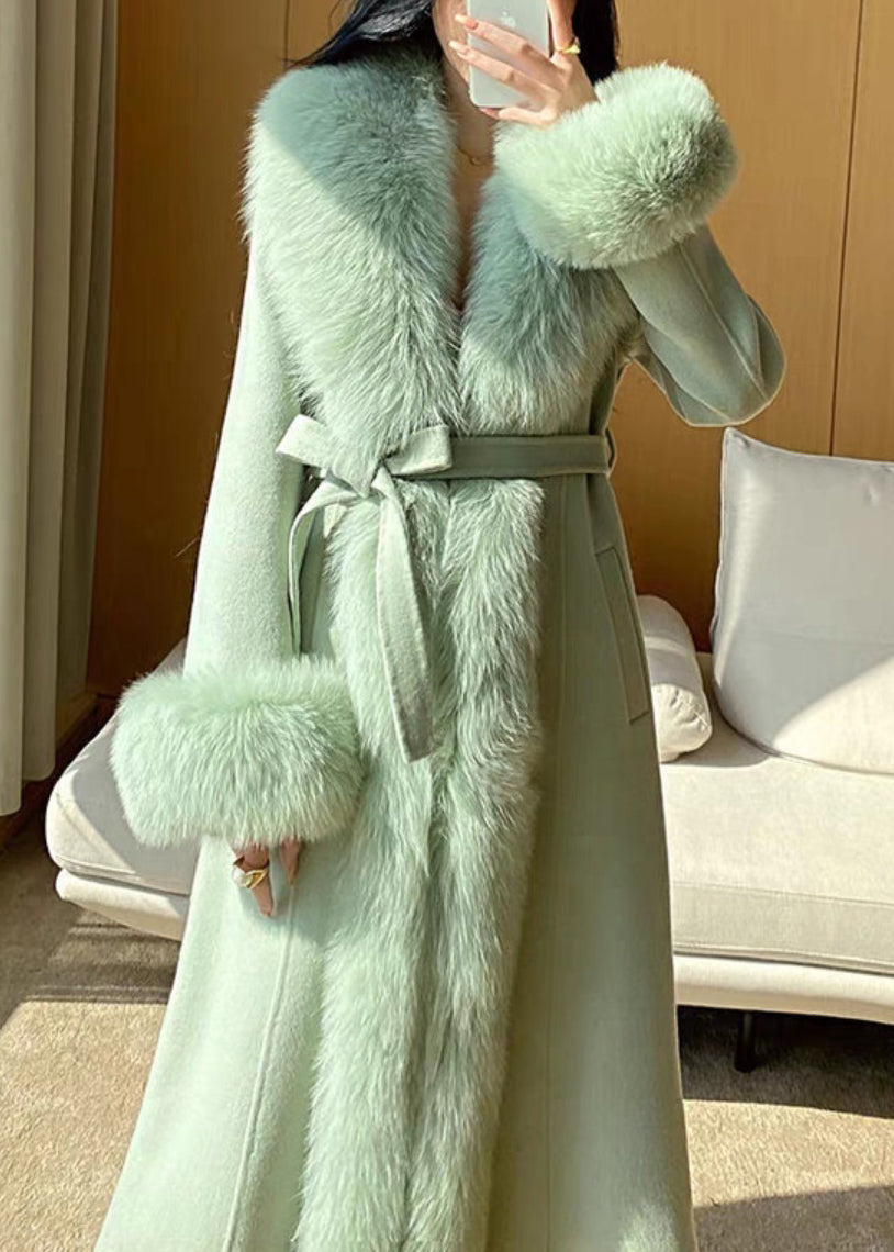 Italian Green Tie Waist Woolen Long Coats Winter Rd015