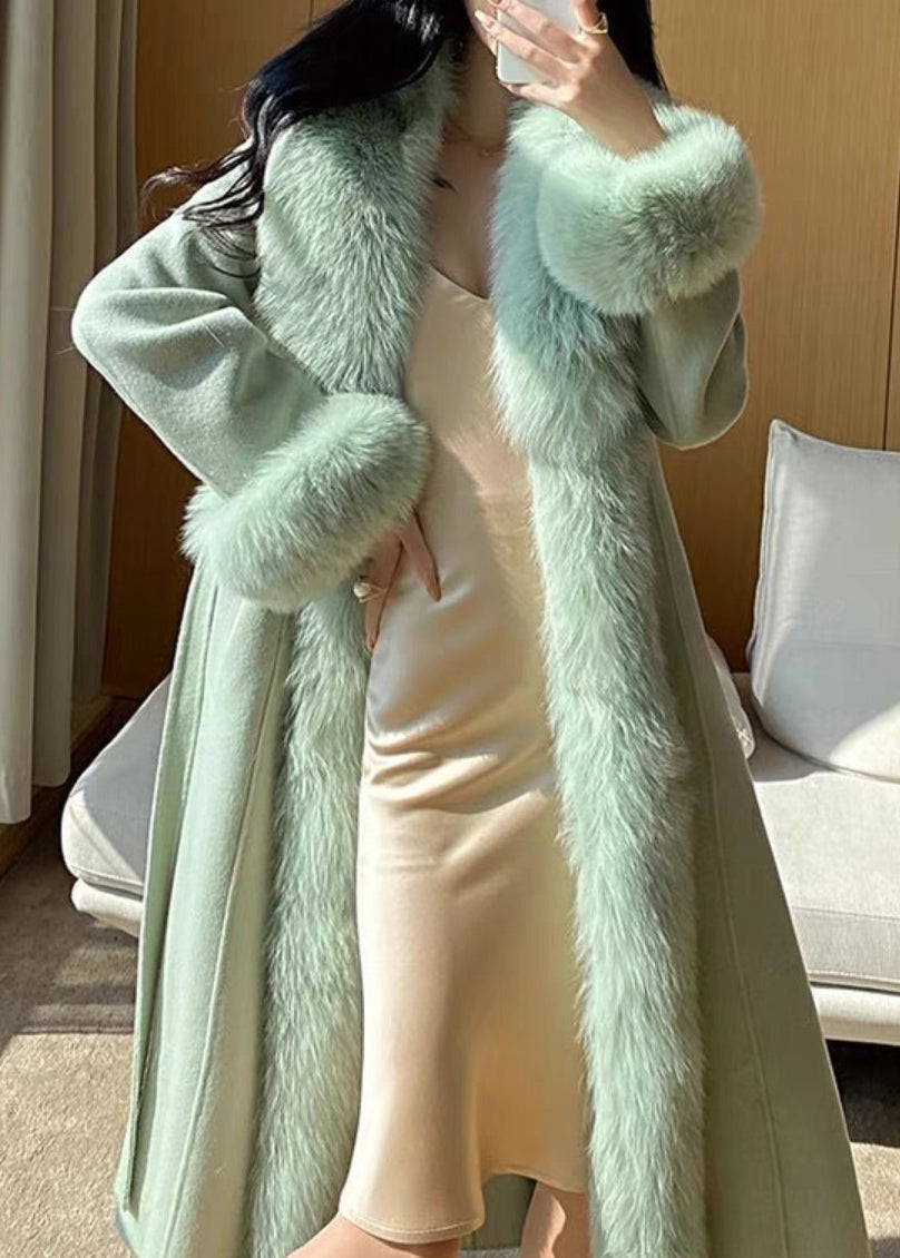 Italian Green Tie Waist Woolen Long Coats Winter Rd015