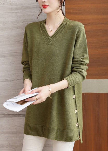 Italian Green V Neck Button Patchwork Woolen Sweaters Winter Rl037