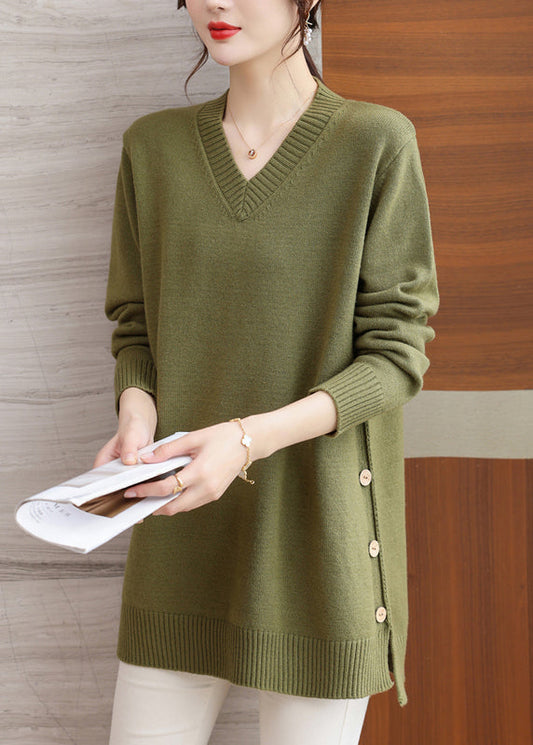 Italian Green V Neck Button Patchwork Woolen Sweaters Winter Rl037