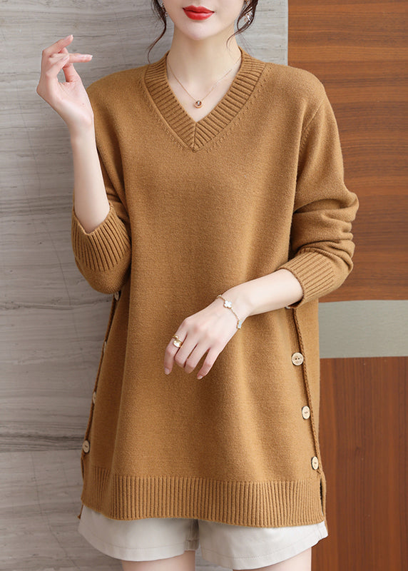 Italian Green V Neck Button Patchwork Woolen Sweaters Winter Rl037