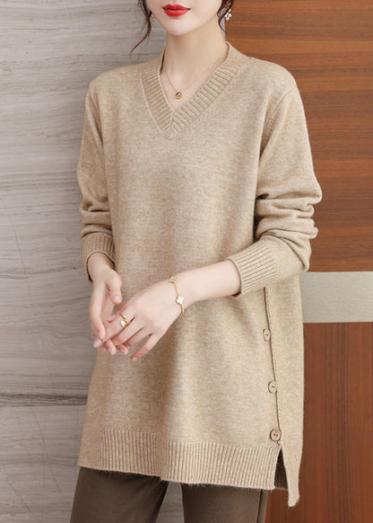 Italian Green V Neck Button Patchwork Woolen Sweaters Winter Rl037