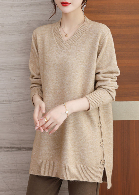 Italian Green V Neck Button Patchwork Woolen Sweaters Winter Rl037