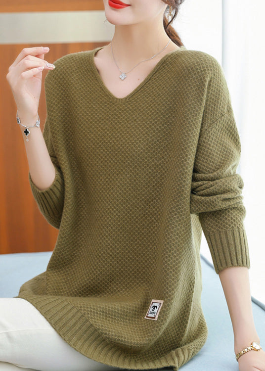 Italian Green V Neck Button Patchwork Woolen Sweaters Winter Rl037