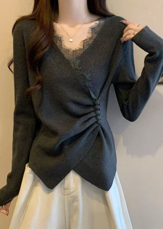 Italian Grey Asymmetrical Lace Patchwork Knit Sweaters Spring Tn037