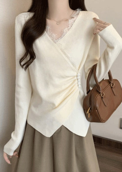 Italian Grey Asymmetrical Lace Patchwork Knit Sweaters Spring Tn037
