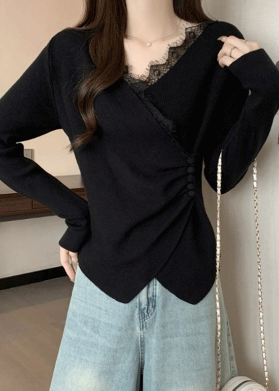 Italian Grey Asymmetrical Lace Patchwork Knit Sweaters Spring Tn037