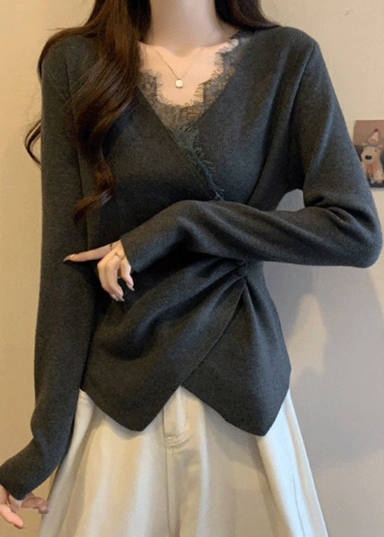Italian Grey Asymmetrical Lace Patchwork Knit Sweaters Spring Tn037
