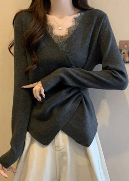 Italian Grey Asymmetrical Lace Patchwork Knit Sweaters Spring Tn037