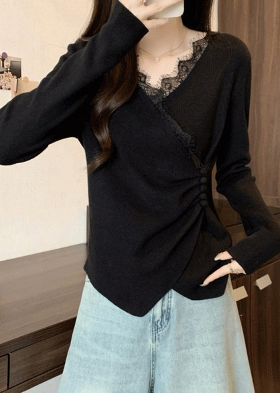 Italian Grey Asymmetrical Lace Patchwork Knit Sweaters Spring Tn037