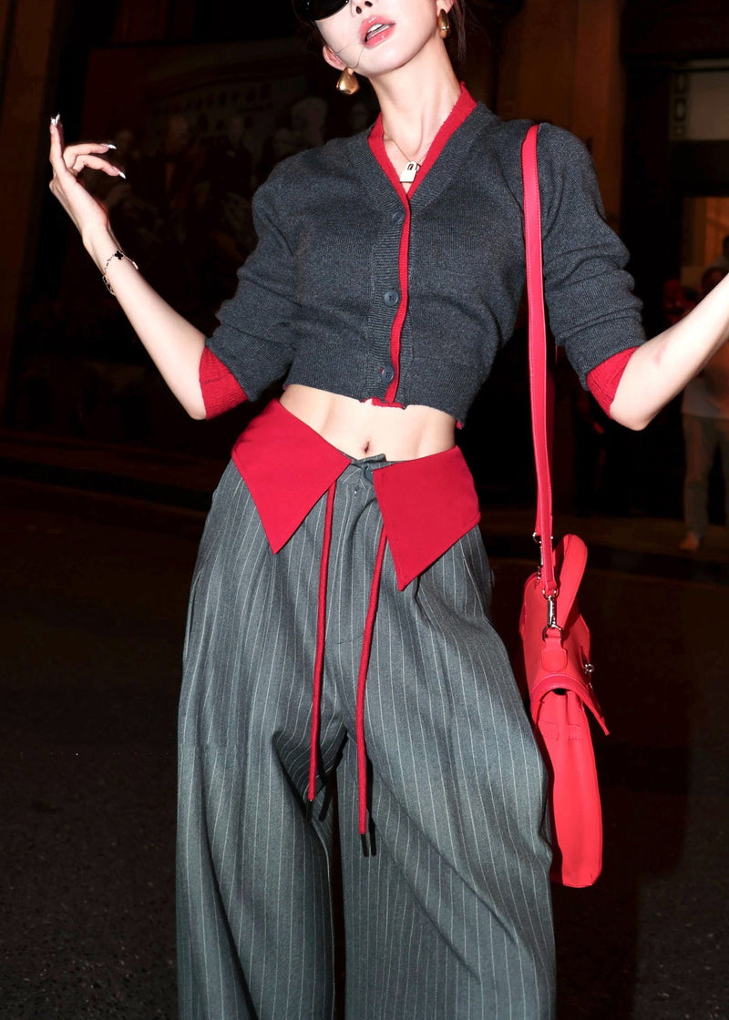 Italian Grey Knit Top and Striped Wide Leg Pants Two Pieces Set Fall Wp052